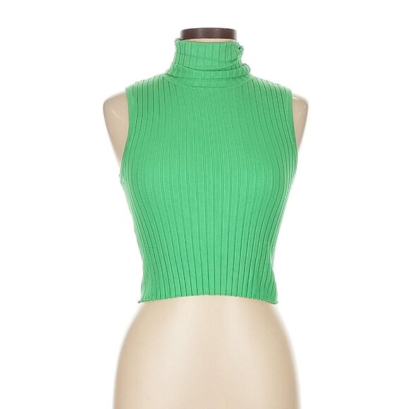 Ribbed turtleneck knit high neck tank top sleeveless mock sweater green stretch - Picture 1 of 8